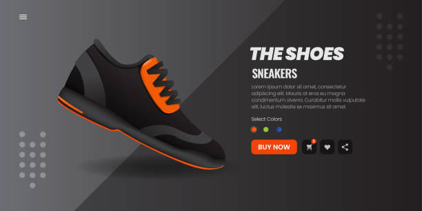 sport shoes banner for website with button, ui design, vector illustration