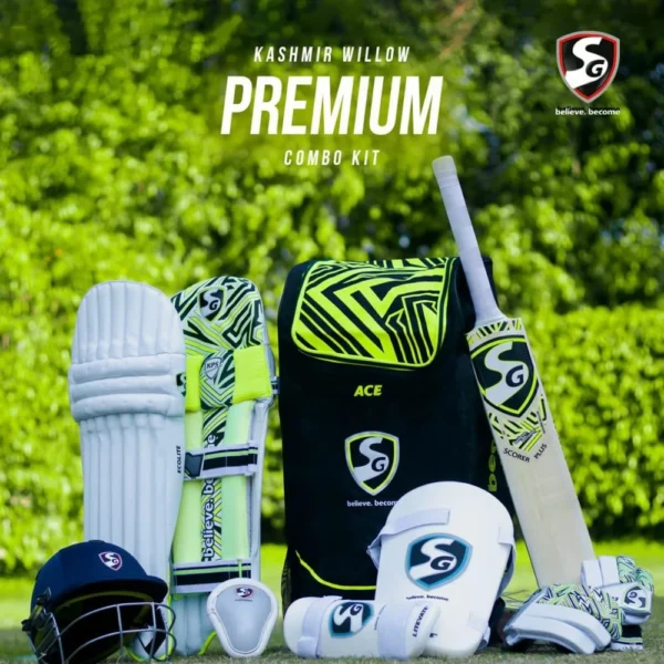 SG Premium Combo Cricket Kit with Bat Pads Gloves Helmet and Bag